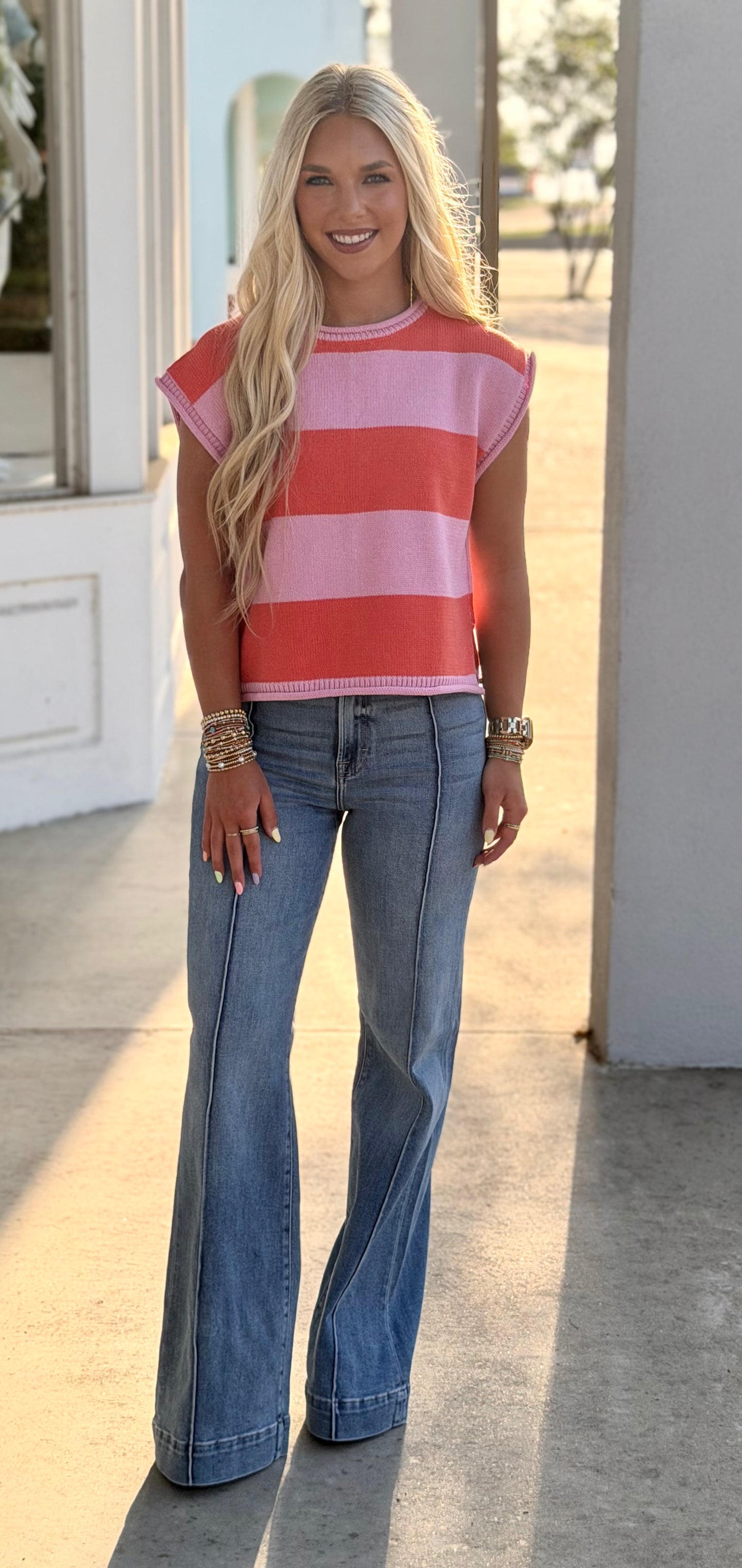 Striped Cap Sleeve Knit Top