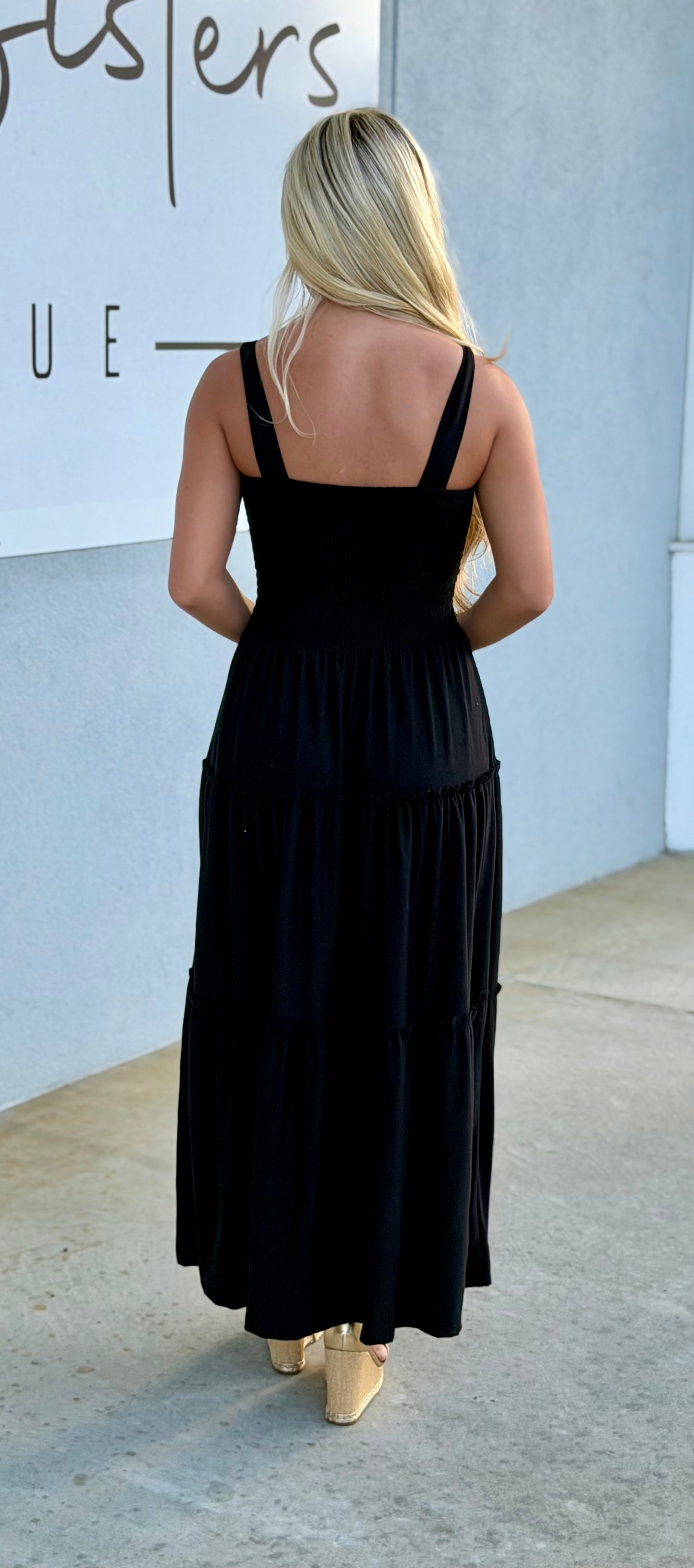 Black Smocked Tiered Midi Dress