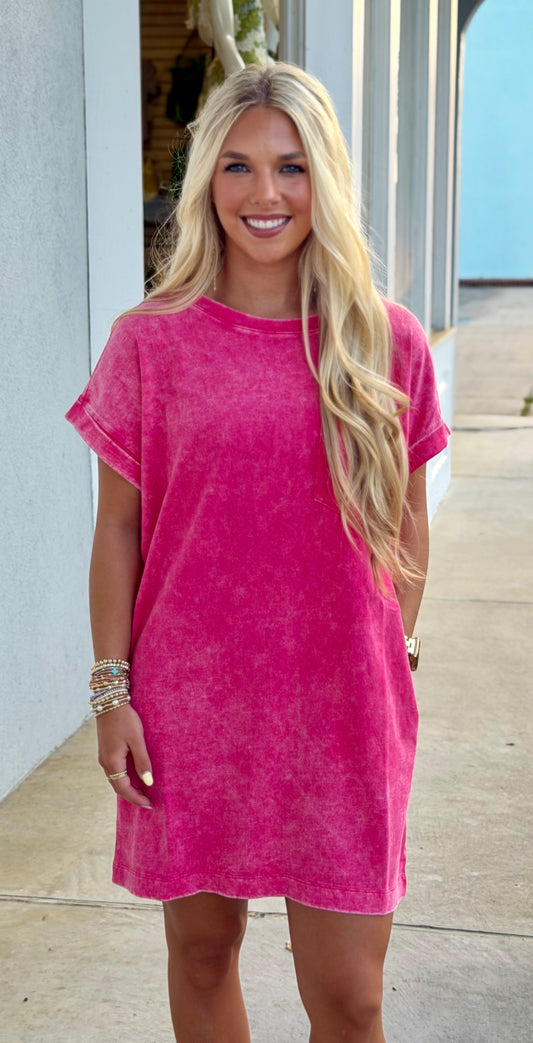 Cotton Washed T Shirt Dress, Hot Pink