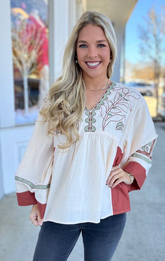 Natural Cotton Embroidery BabyDoll Top