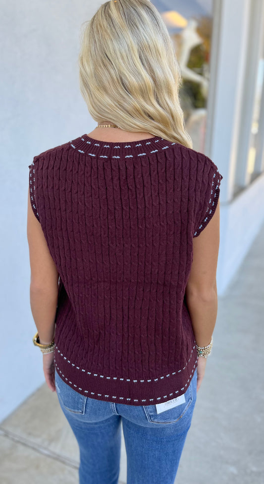 Chestnut V Neck Stitching Knit Sweater