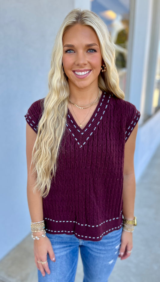 Chestnut V Neck Stitching Knit Sweater