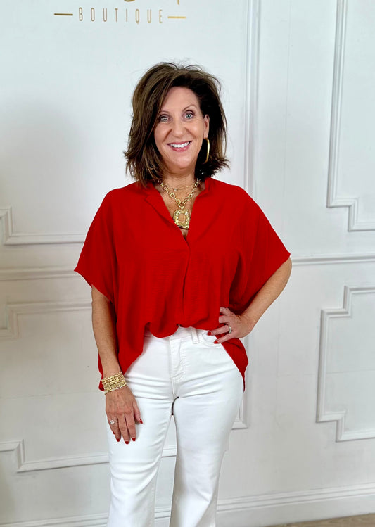 V Neck Short Sleeve Top, Tomato