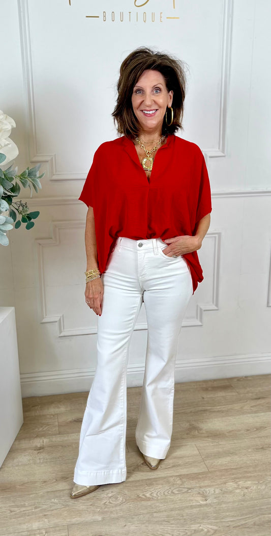 V Neck Short Sleeve Top, Tomato