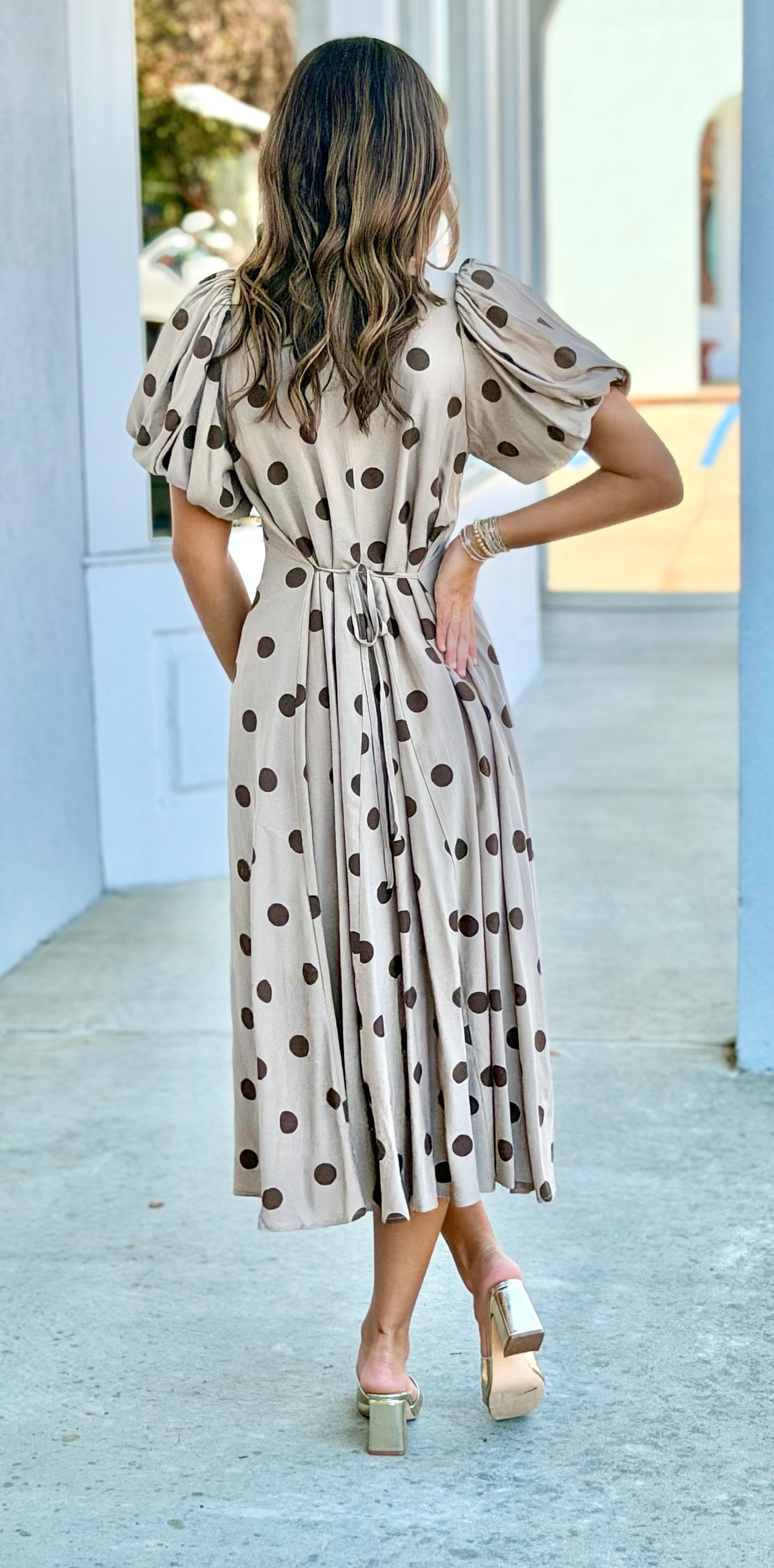 Brown Cotton Blend Polka Dot Puff Sleeve Midi Dress