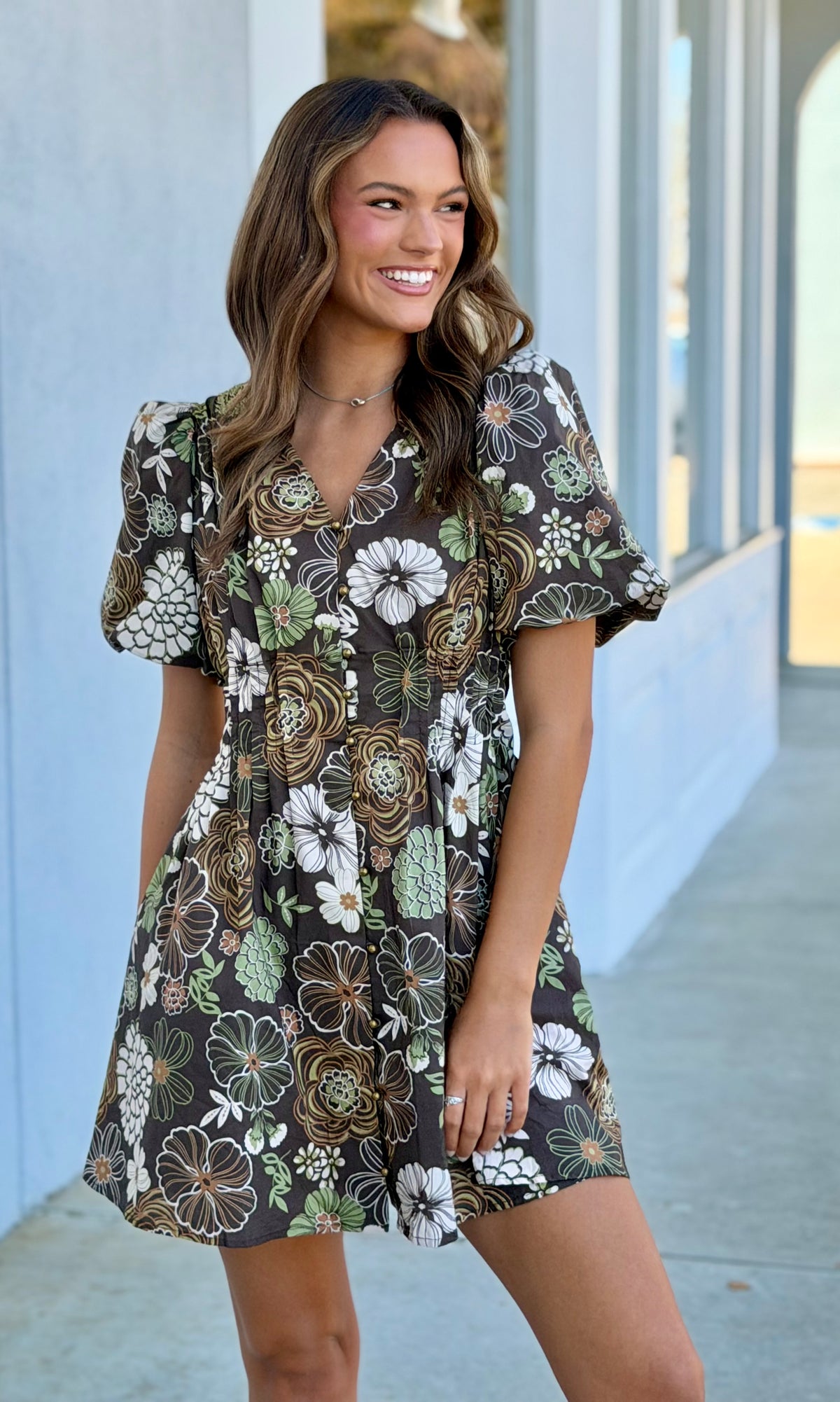 Brown Floral Printed Pleated Detail Dress