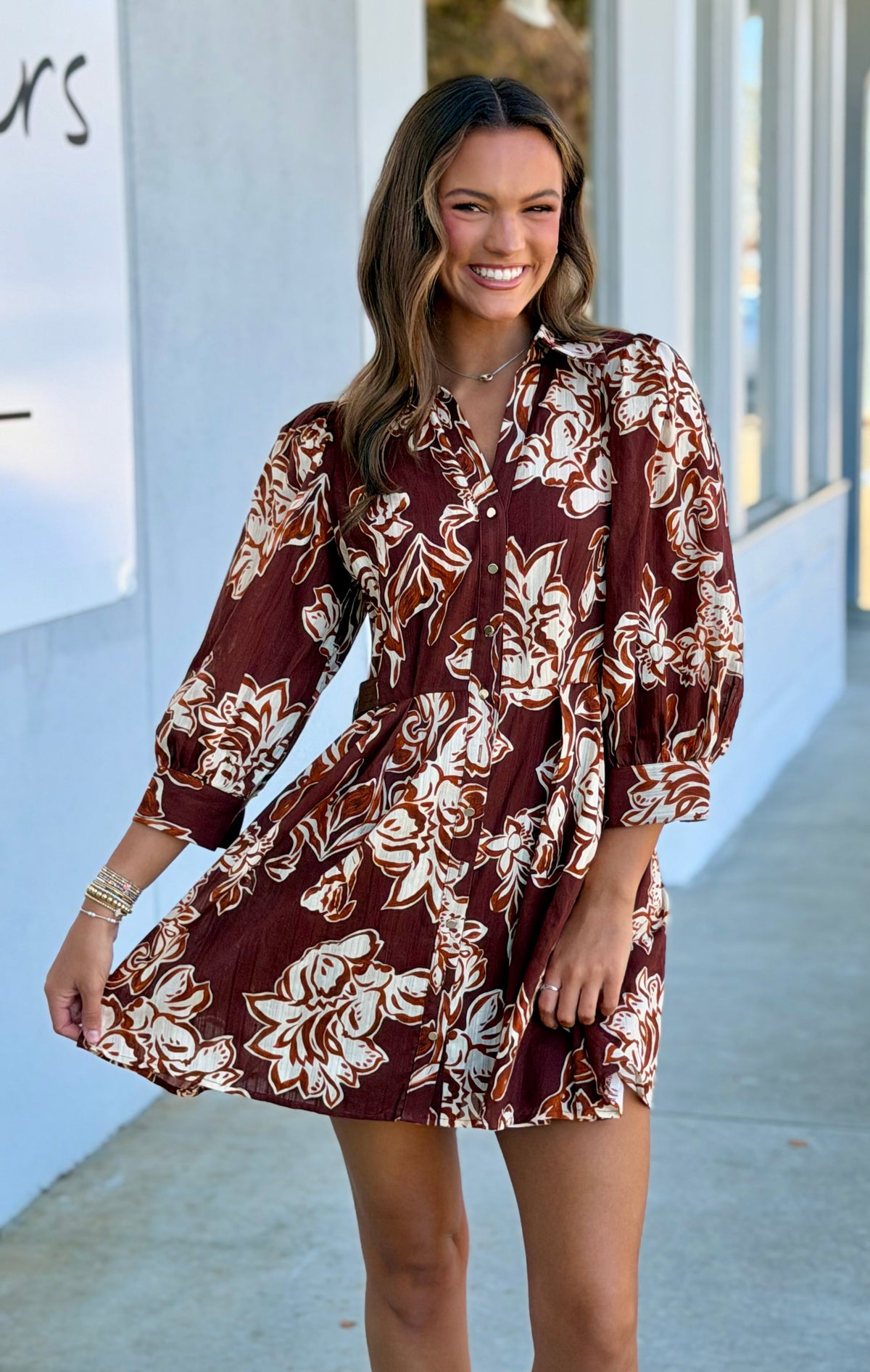 Brown Floral Printed Dress W Gold Buttons