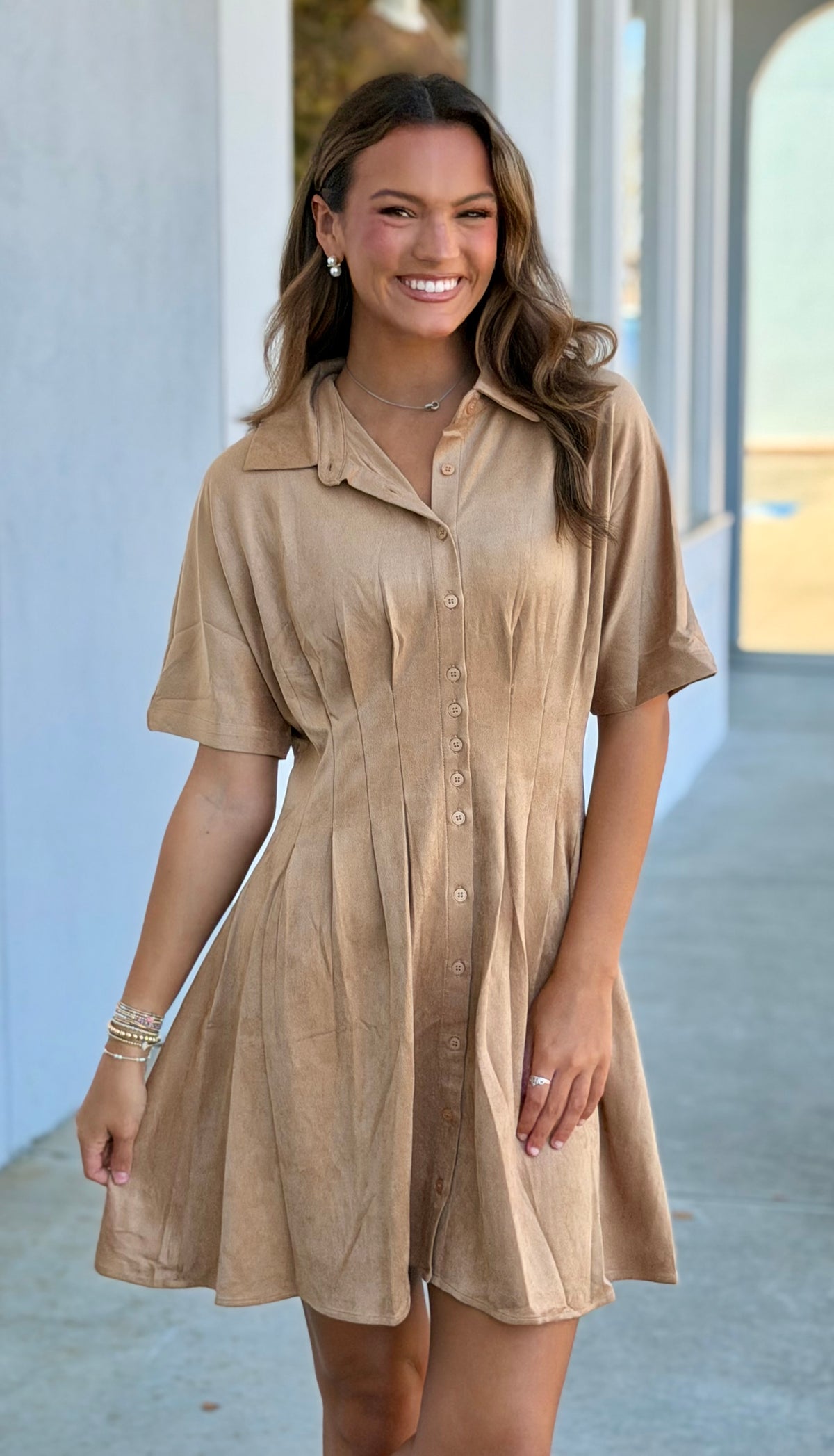 Taupe Pleated Waistline Dress