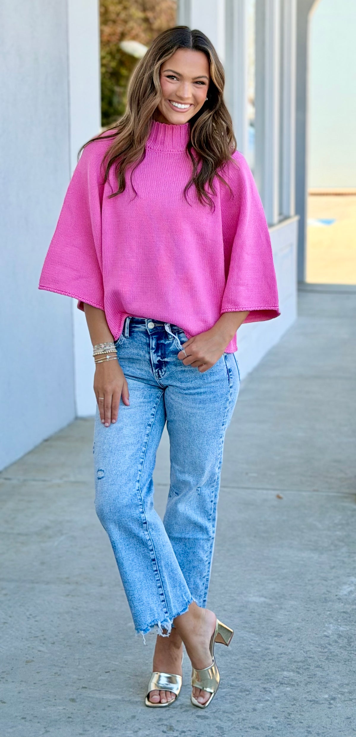 Mock Neck Batwing Sweater , Hibiscus