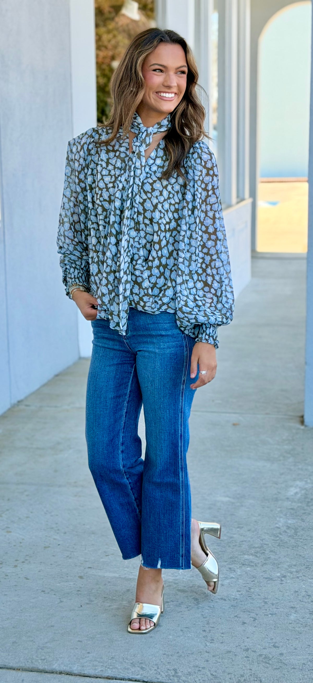 Blue Combo Printed Blouse W Neck Tie