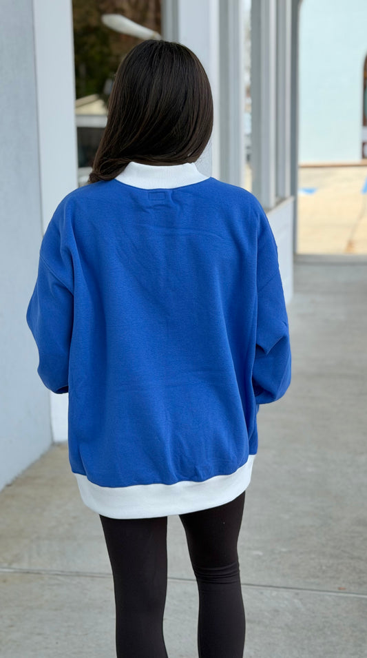 Lulu Mac Puff Mockneck Sweatshirt, Royal/White