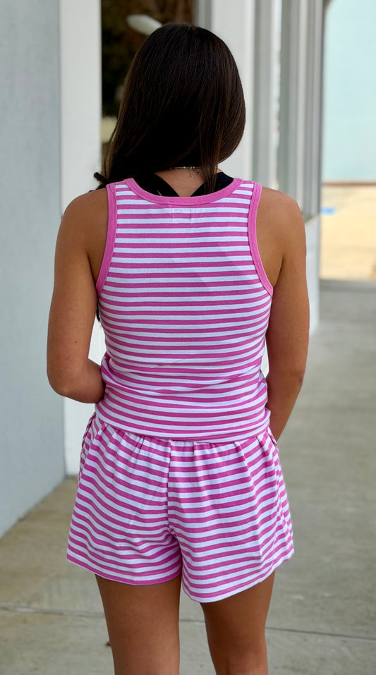Lulu Mac Monochrome Stripe Tank, Neon Pink
