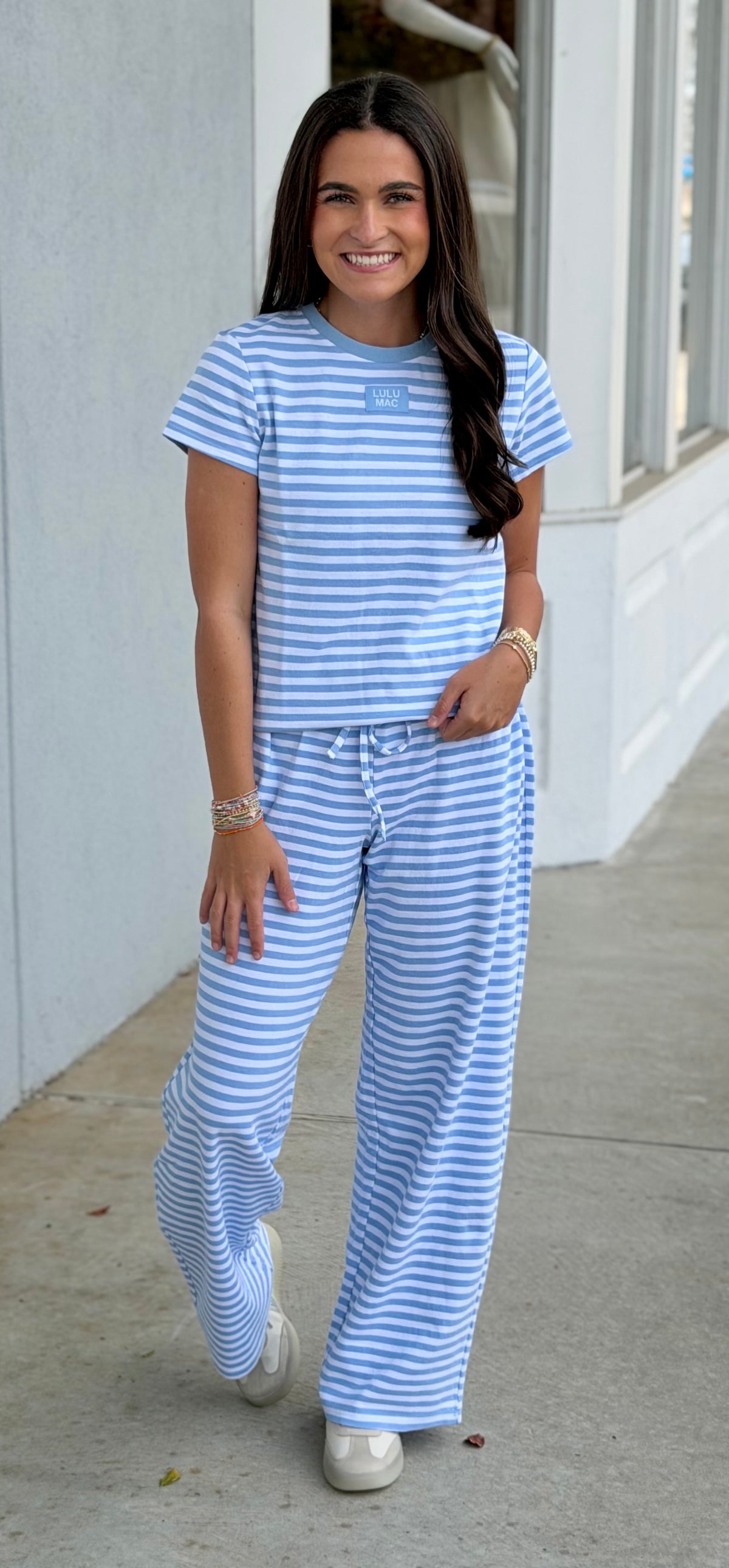 Lulu Mac Stripe Monochrome Babydoll Top, Light Blue