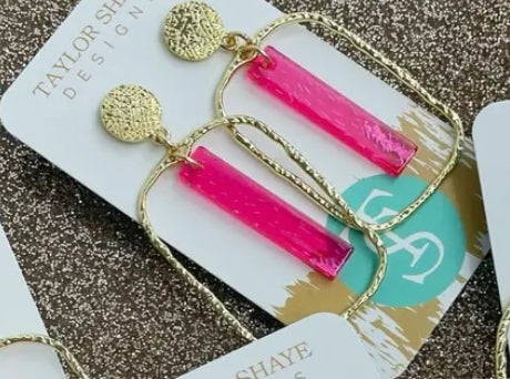TS Earrings, Hot Pink Rectangle