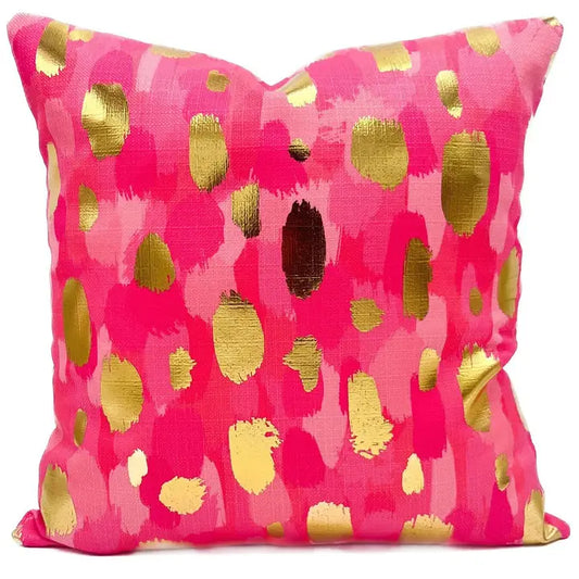 Gold Foil Fluorescent Pink Paint Daubs Pillow
