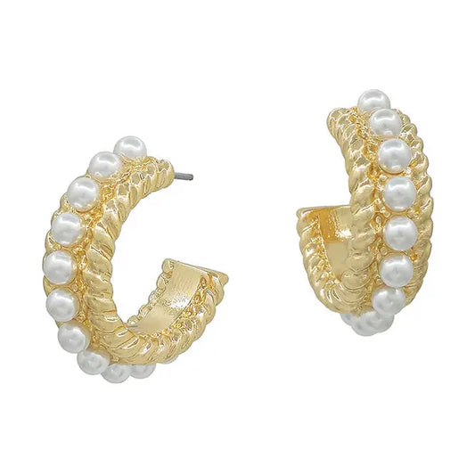 Gold Textured .5" Hoop With Pearls Earrings