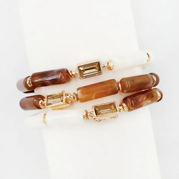 Brown and White Oval Stone and Beaded Set of 3