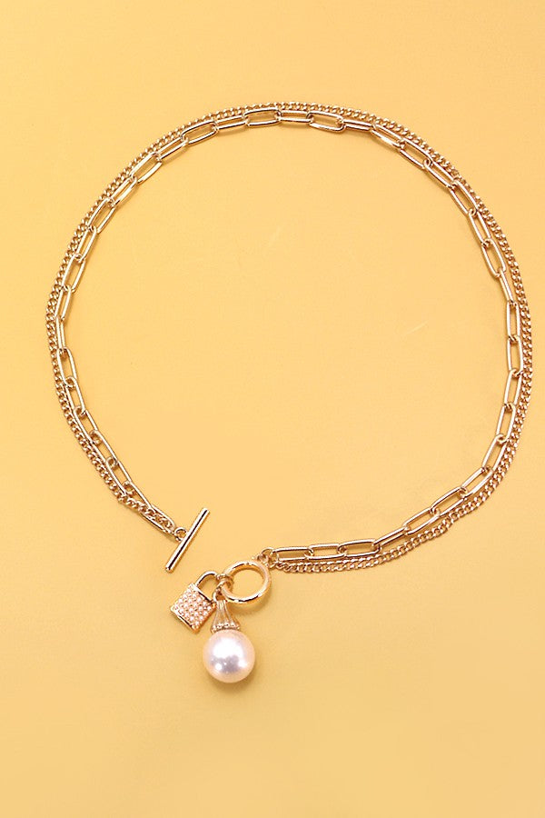 Pearl Lock Charm Double Layer Toggle Necklace