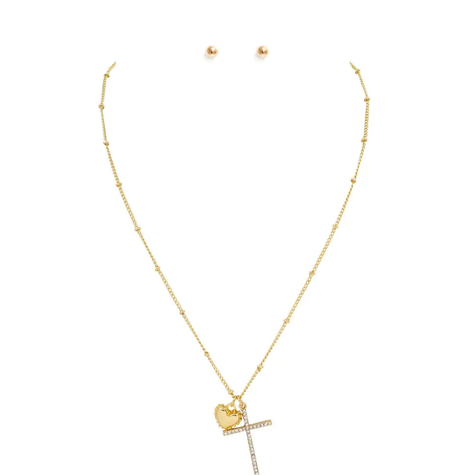 Rhinestone Cross and Puffy Heart Necklace