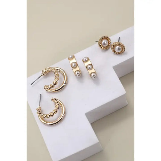 Gold Pearl Hoop Stud Trio Earrings