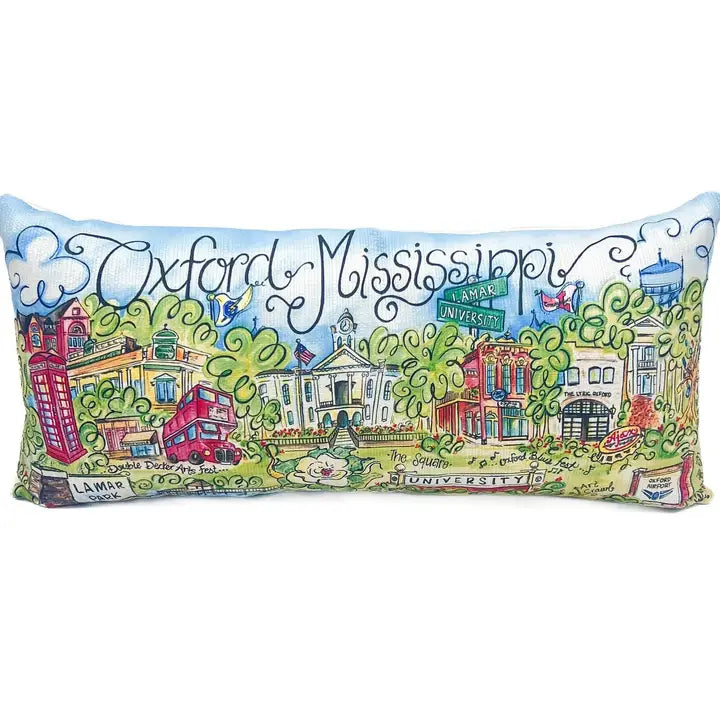 Oxford Mississipi Watercolor Painted Town Scene Pillow Polyester