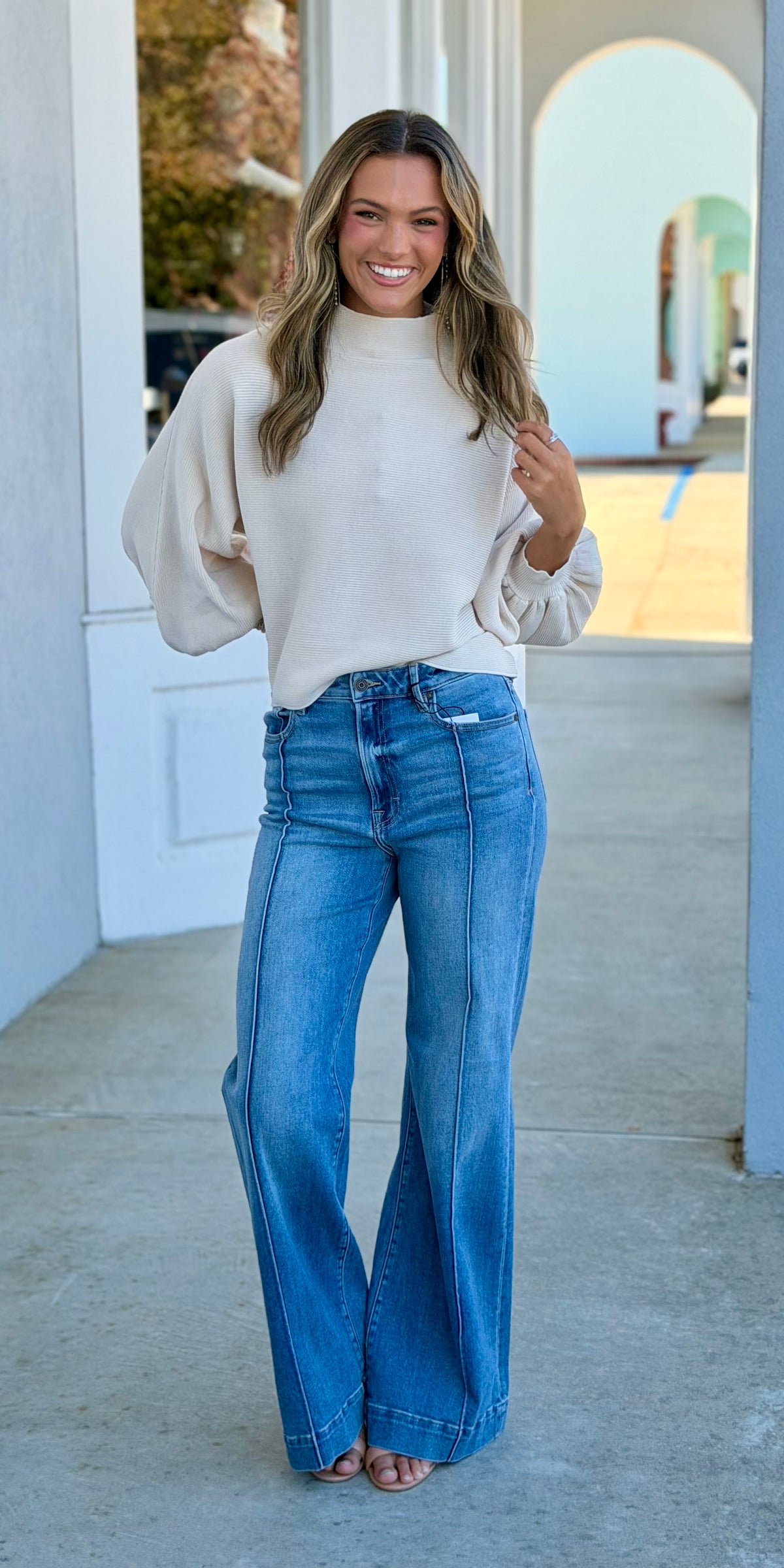 Ecru Balloon Sleeve Mock Neck Sweater