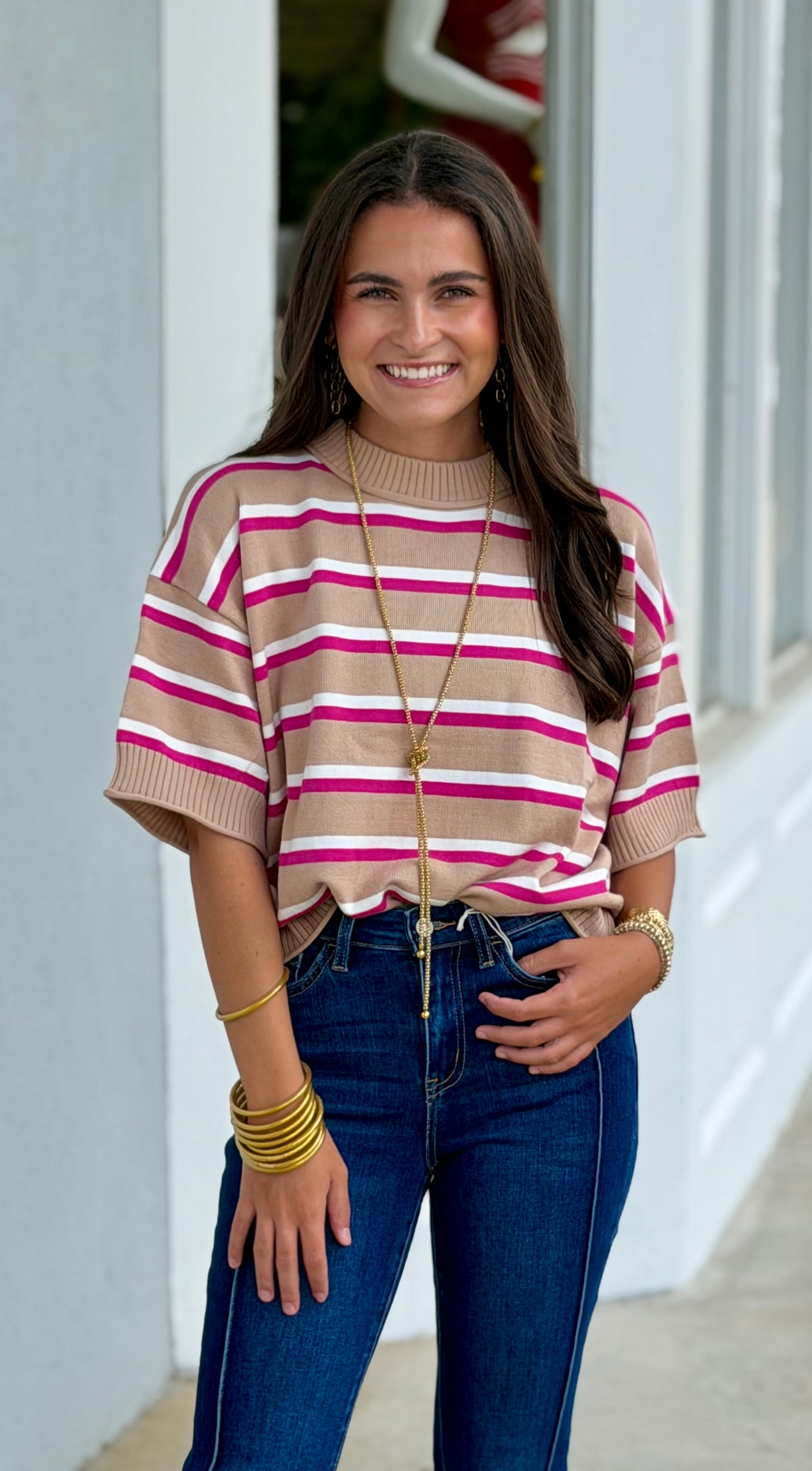 Beige Crew Neck Stripe Sweater