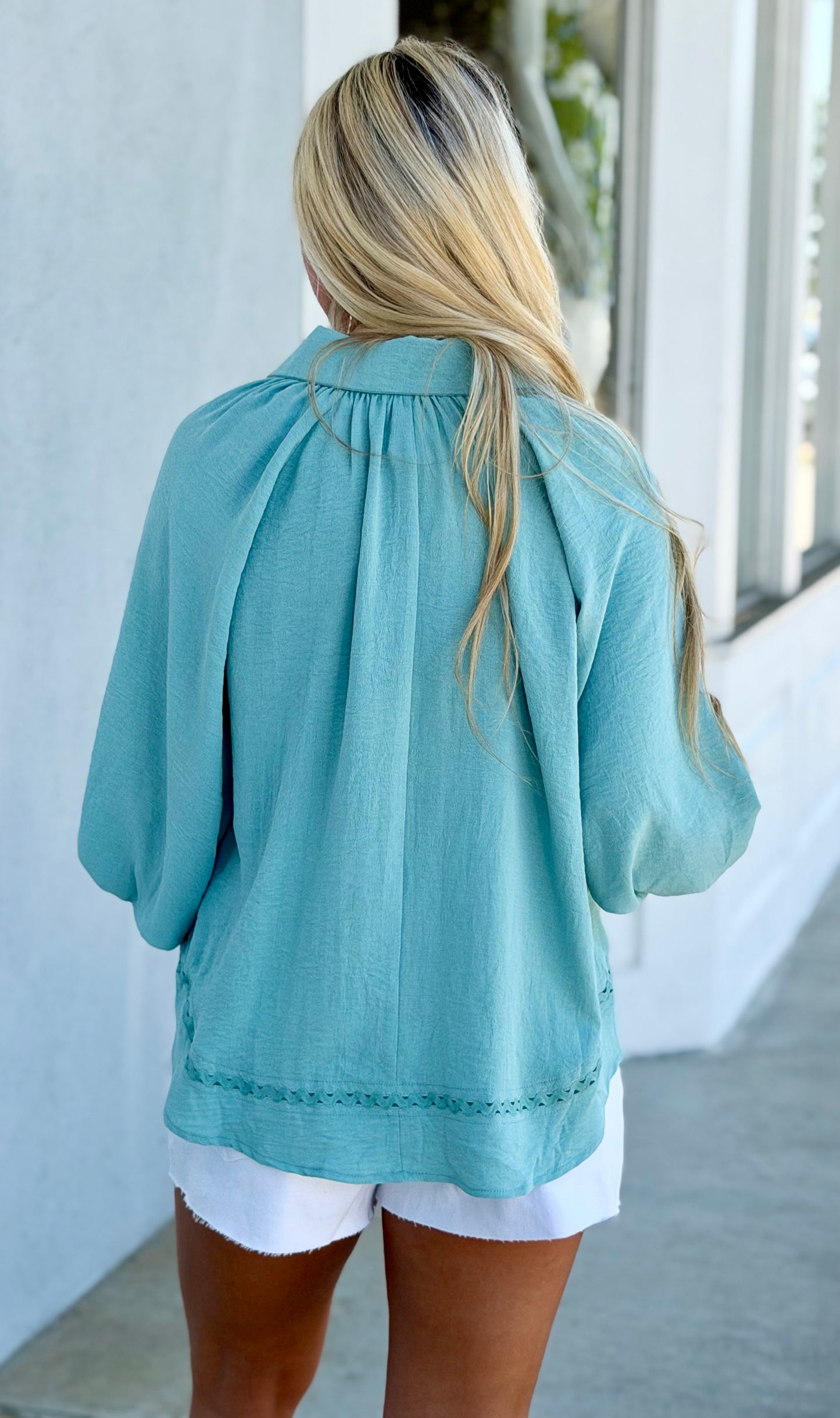 Mint Balloon Sleeve Button Down Blouse