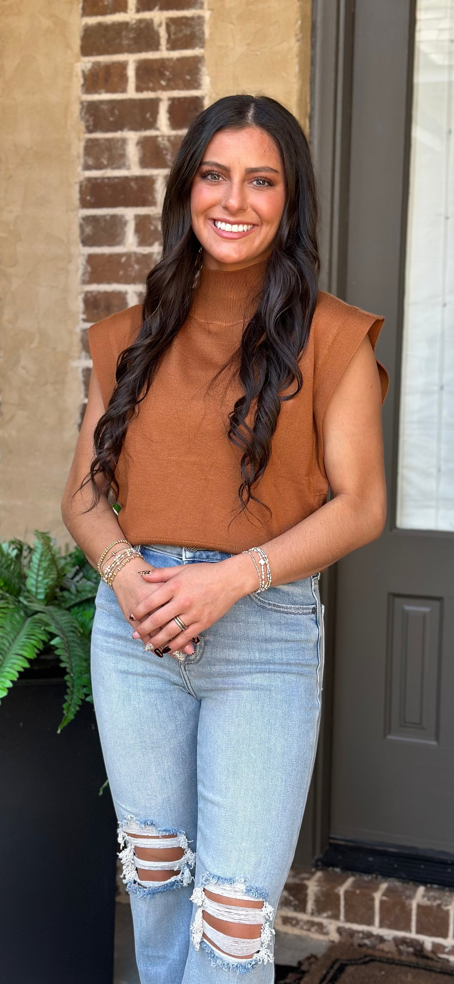 Camel Mock Neck Sleeveless Sweater