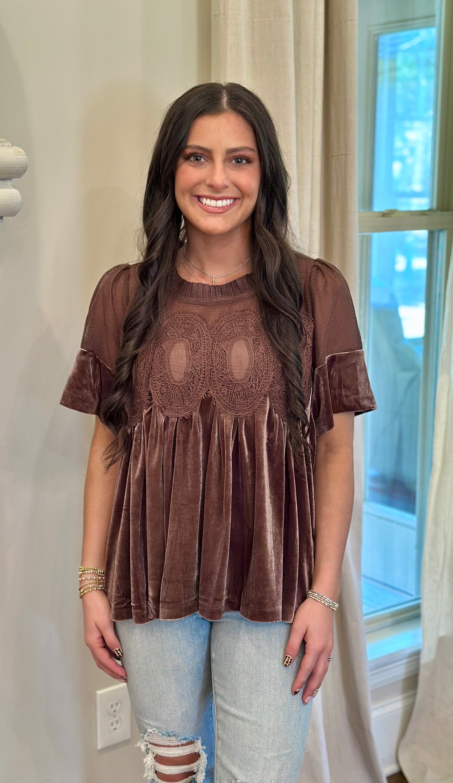 Lace Velvet Babydoll Top, Brown