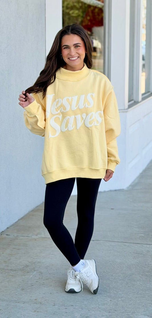 Yellow Jesus Saves Print Mock Neck Sweatshirt
