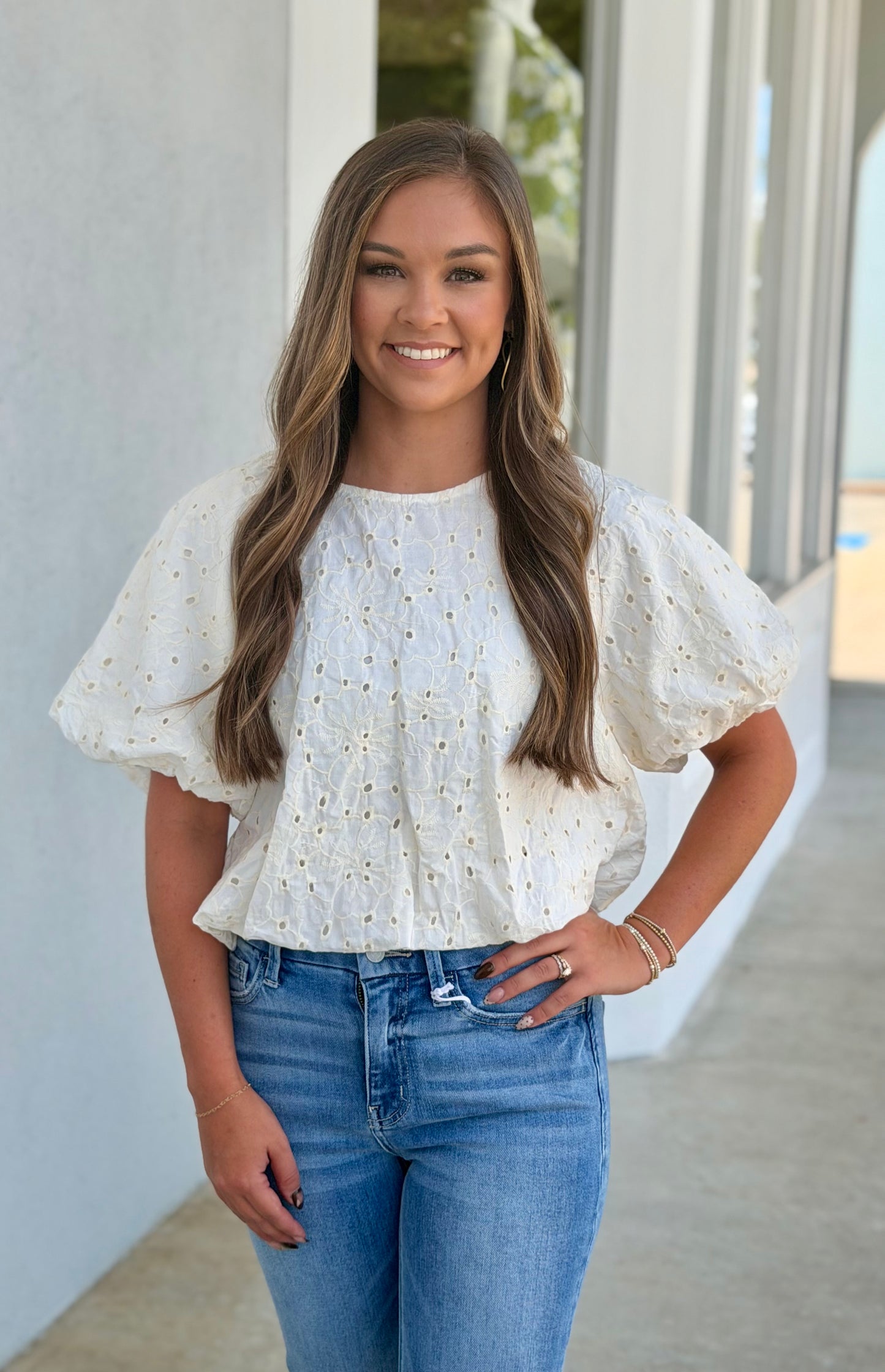 Cream Embroidered Eyelet Bubble Blouse