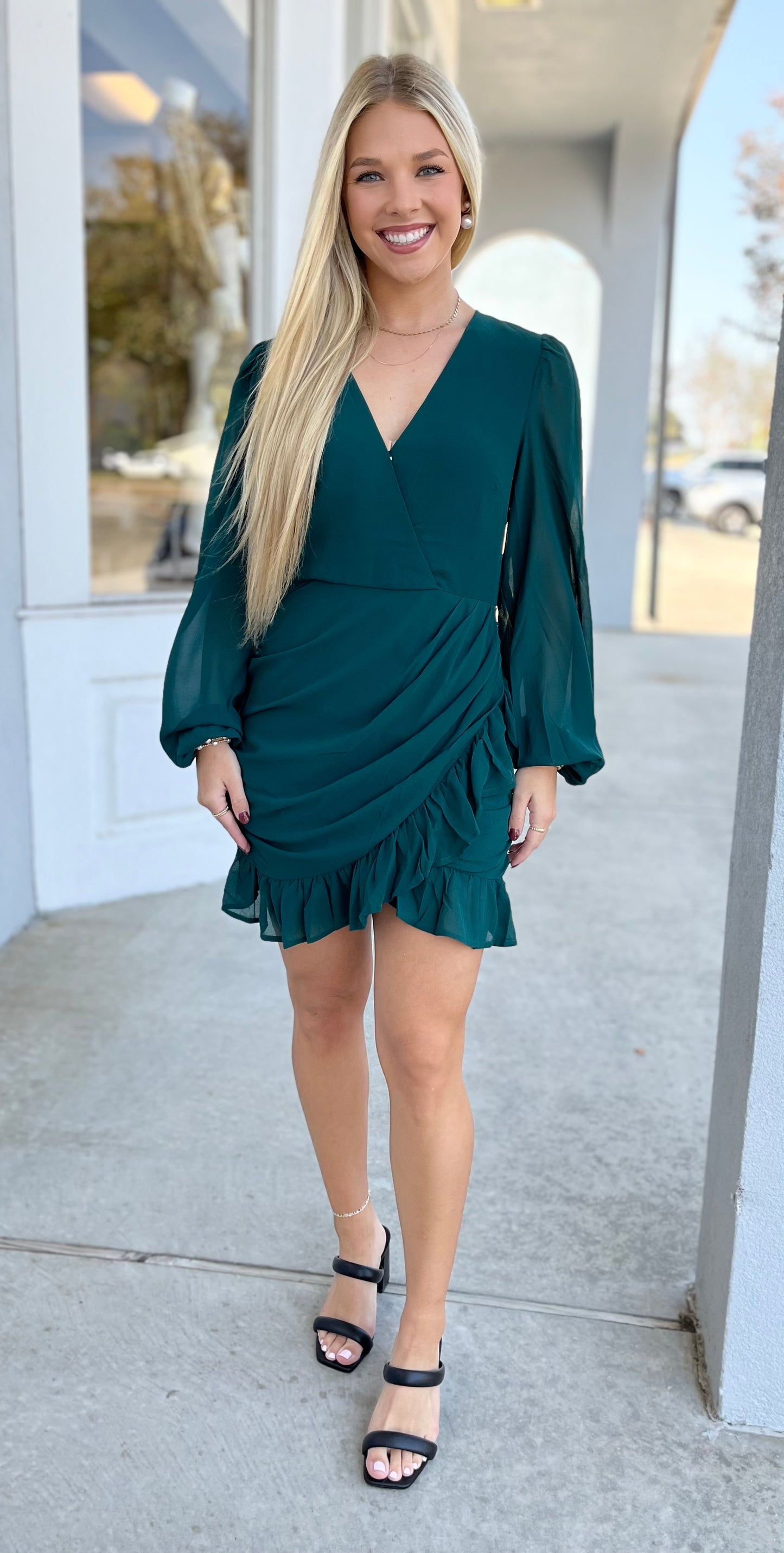 Hunter Green Pleat & Flare Dress