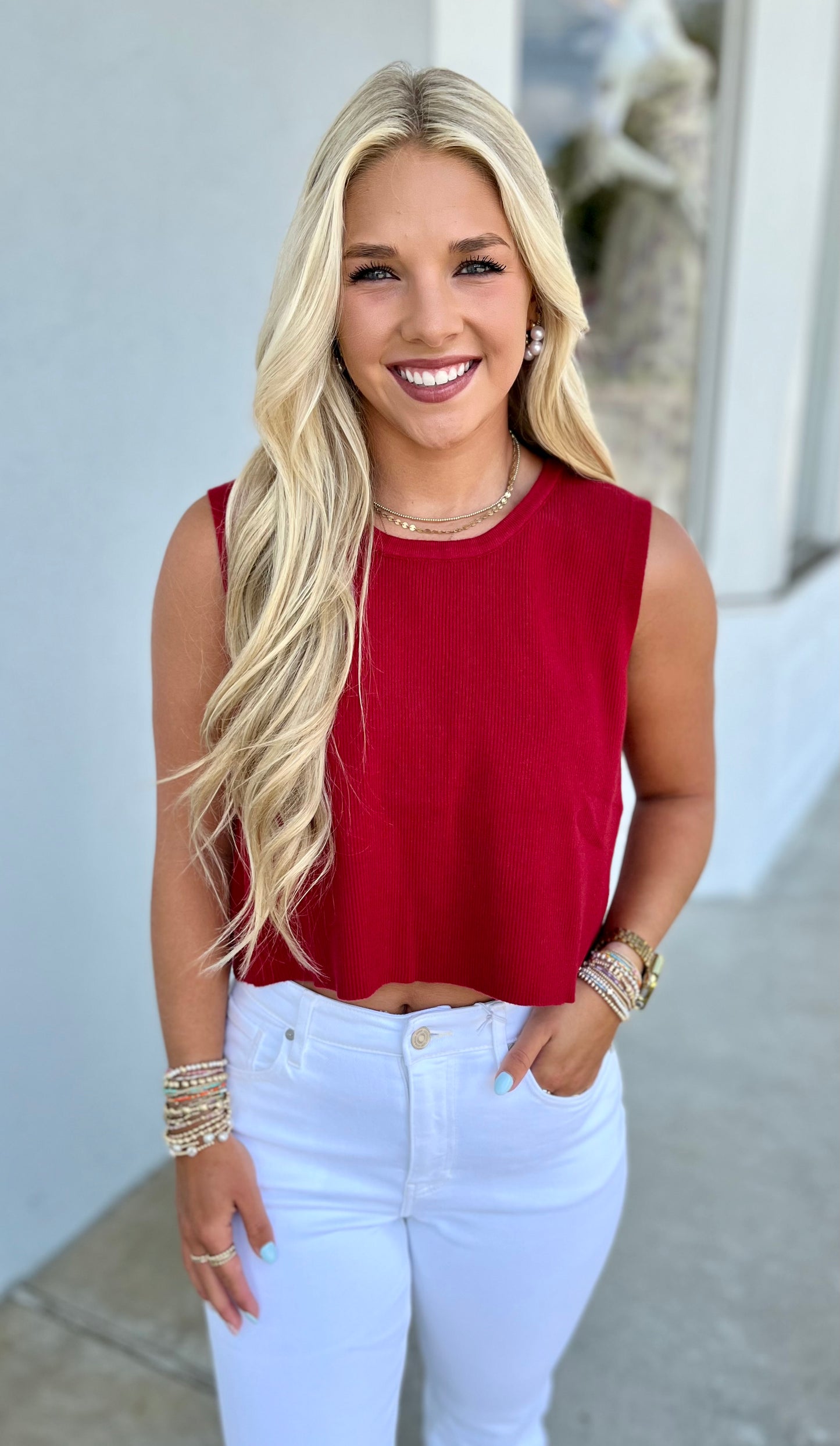 Back Bow Tie Sleeveless Top , Crimson