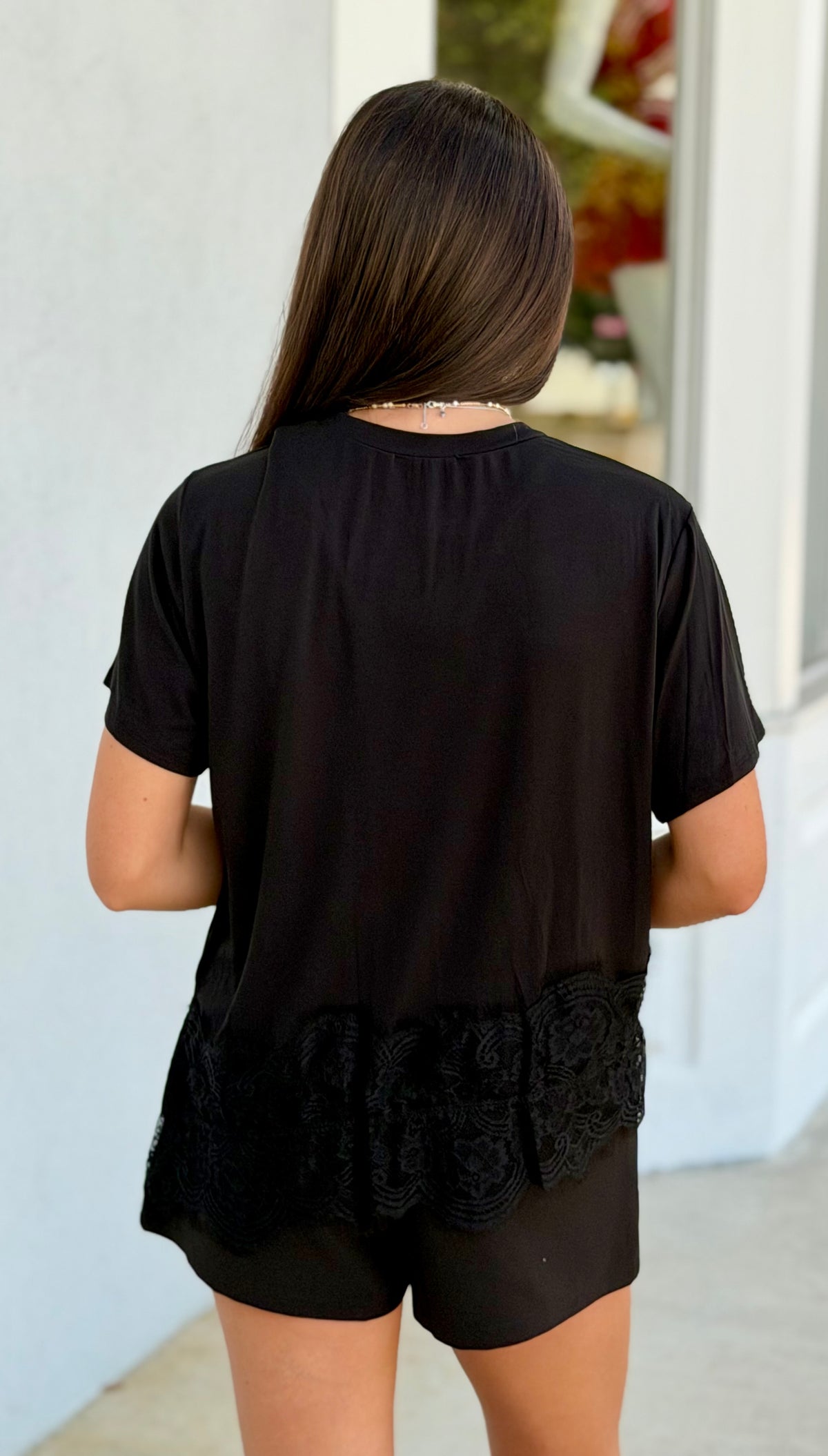 Asymmetrical Lace Trim Top , Black