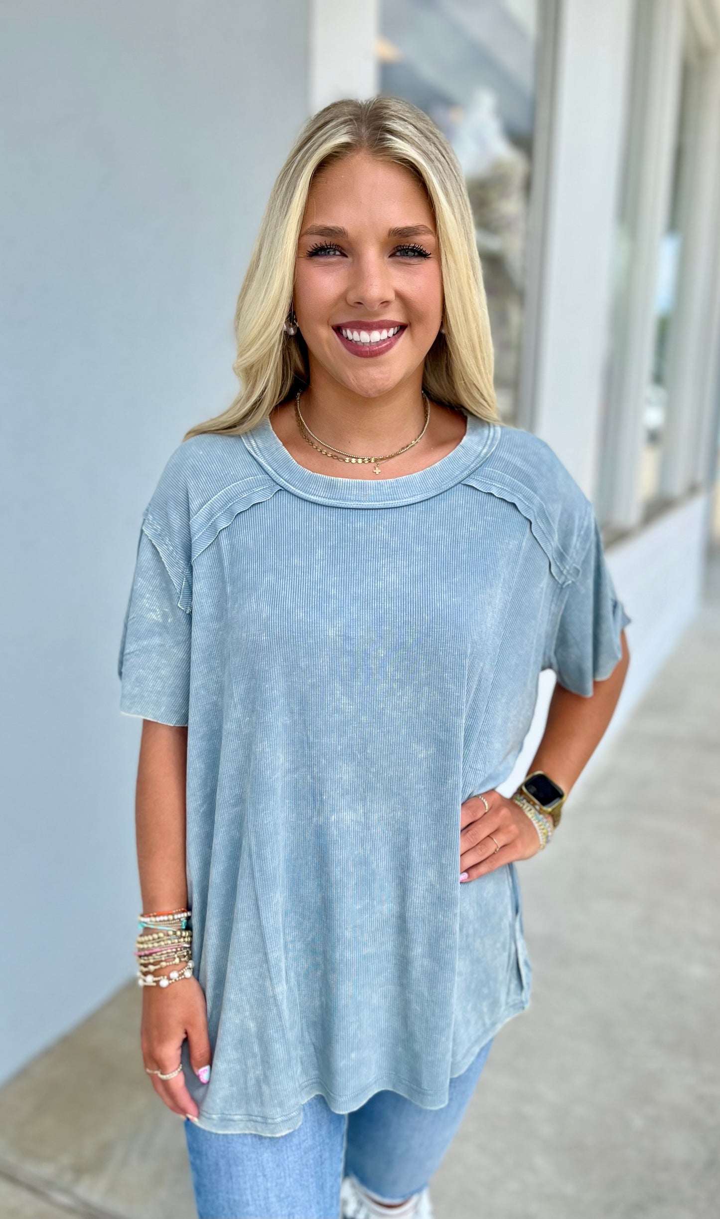 Washed Ribbed Boat Neck Top , Blue Grey