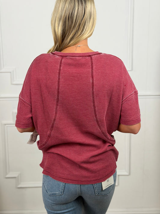 Cotton Blend Mineral Wash Waffle Top, Garnet Red