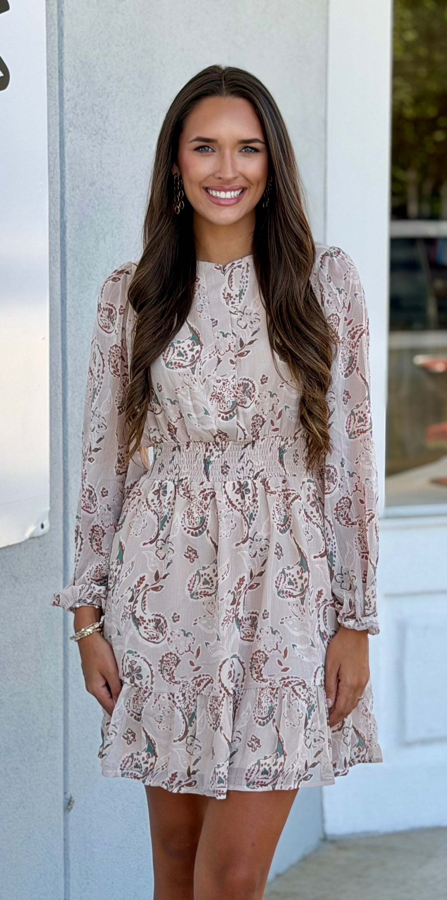 Taupe Chiffon Print Smocked Waist Dress