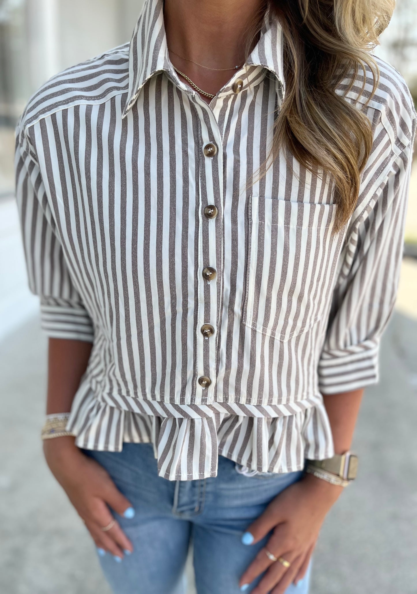 Coco Striped Ruffle Hem Button Up Blouse