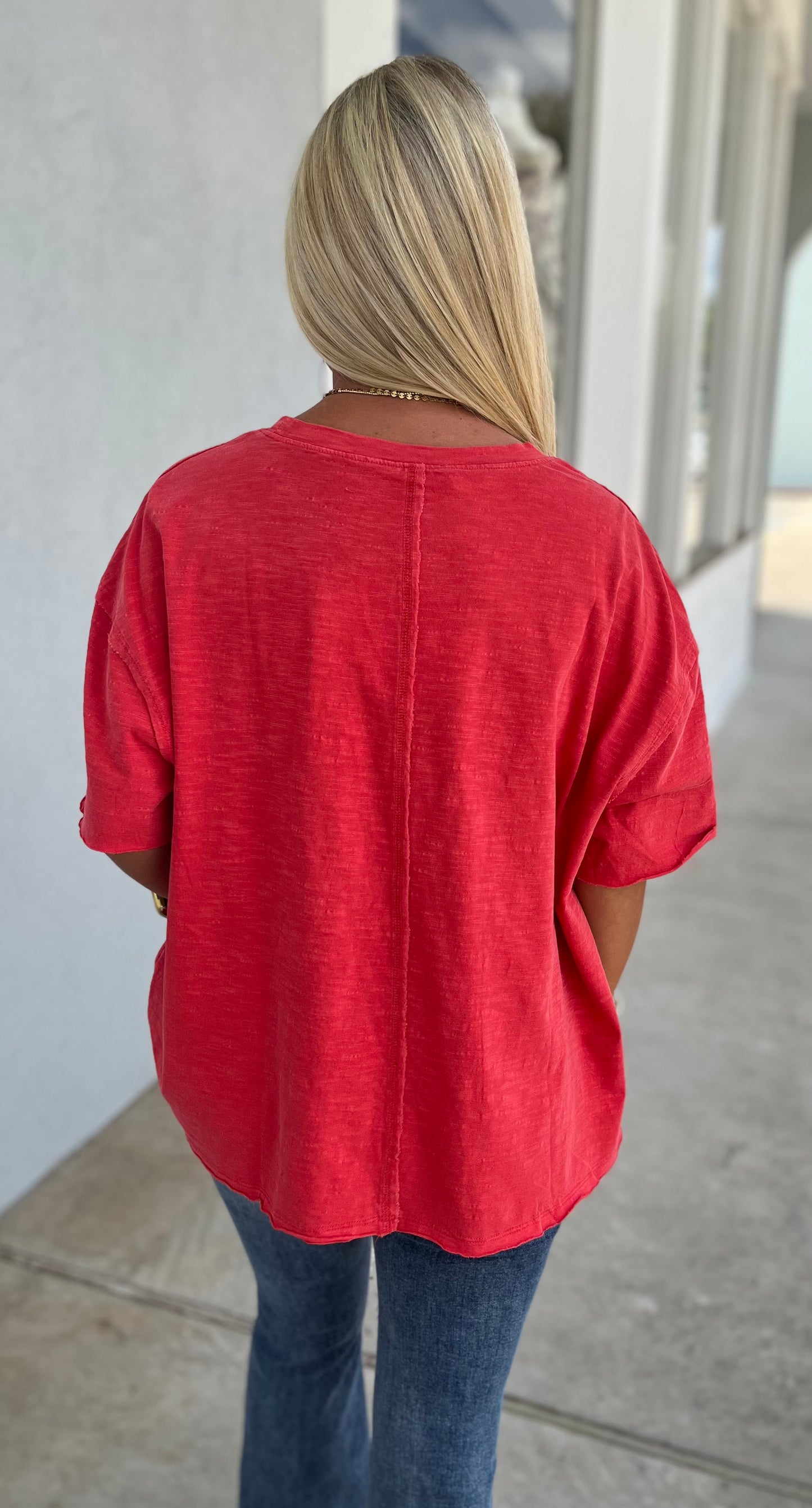 Knit Raw Edge Top, Tomato Red