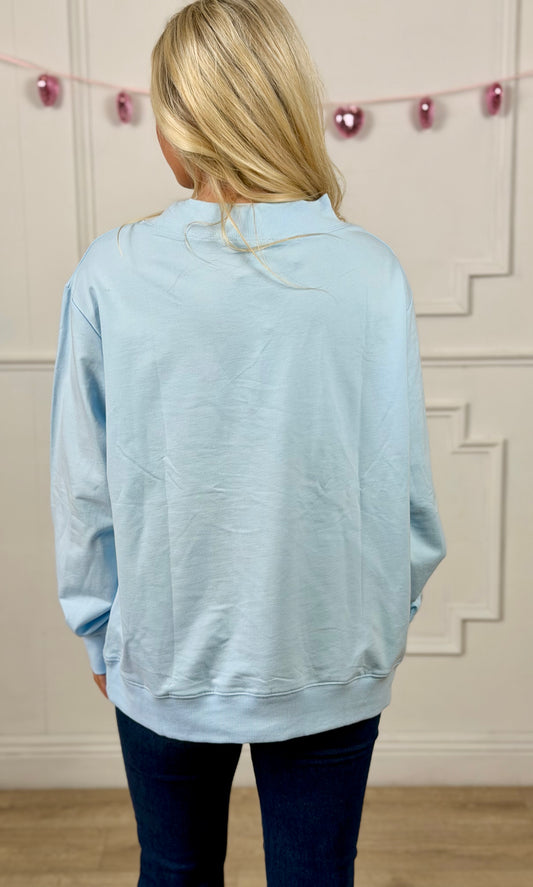 Mock Neck Sweatshirt XOXO Patch , Blue