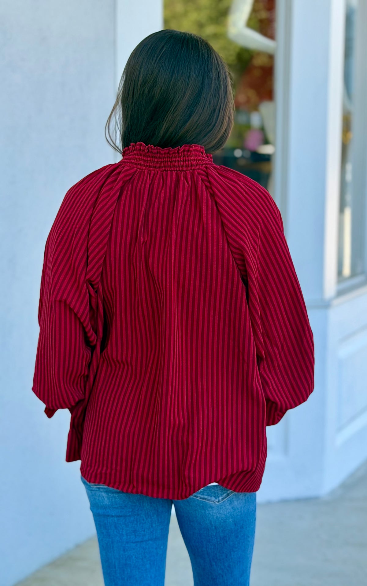 Crimson Stripe Split Neck Blouse