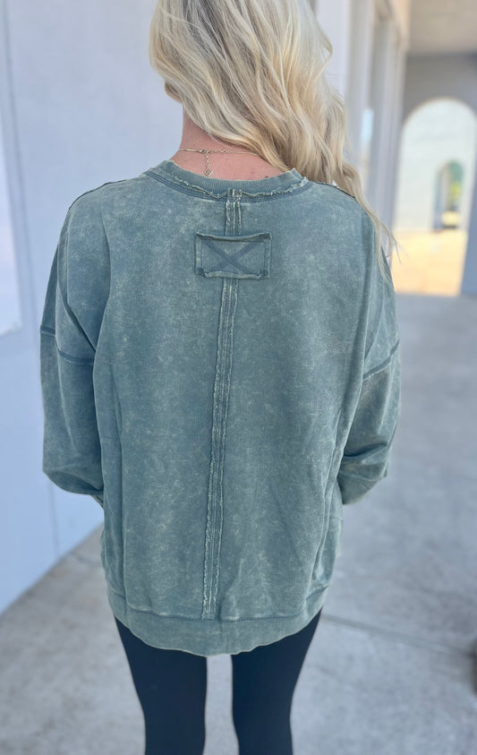 French Terry Acid Wash Front Pocket Pullover, Ash Jade