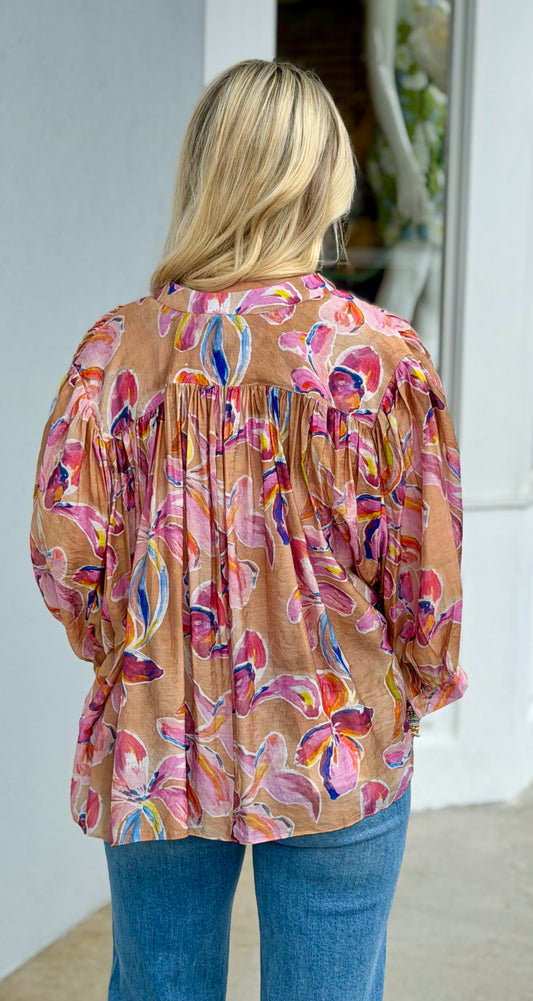 Coral Flower Print Button Down Blouse