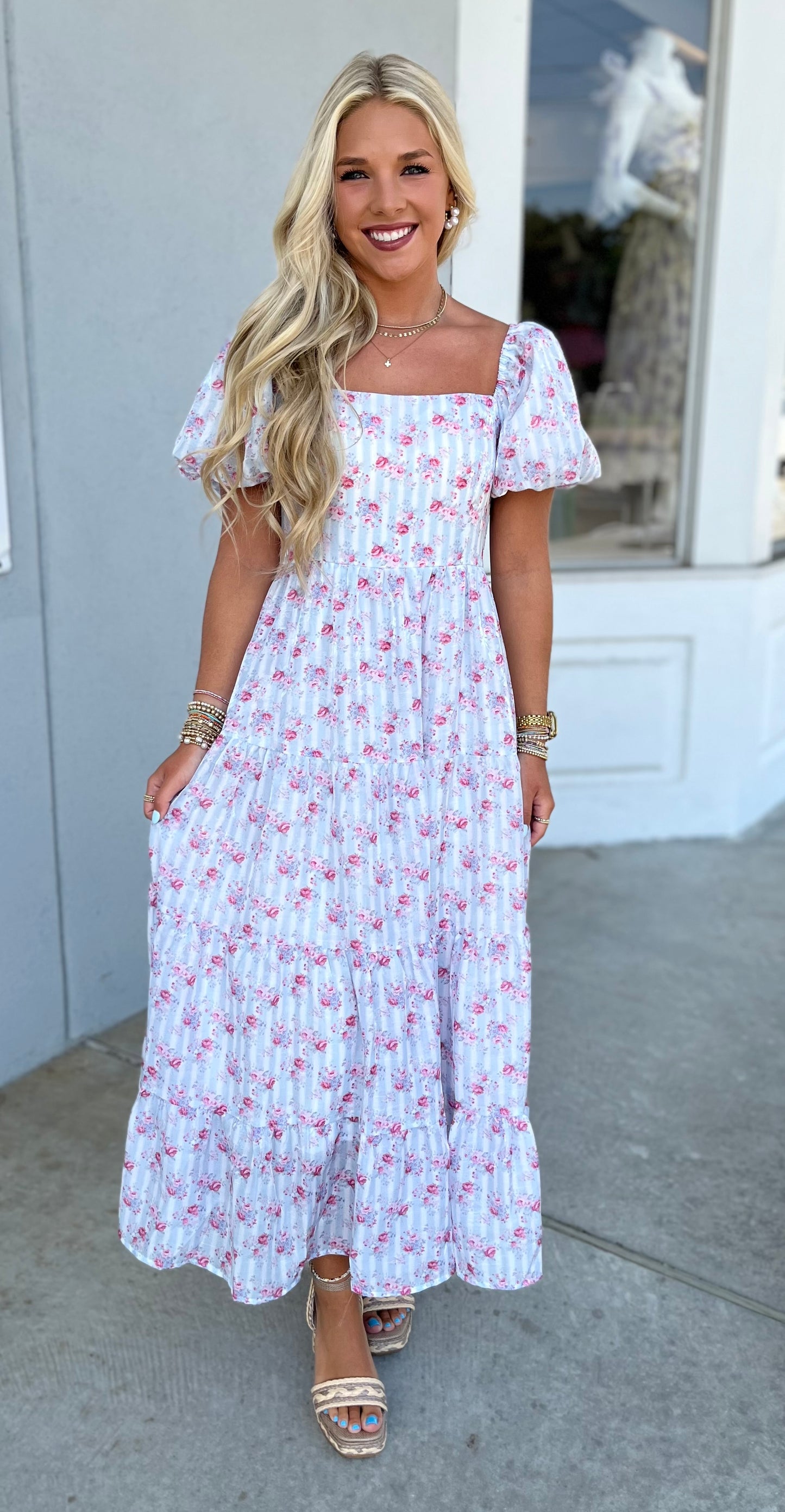 Lt Blue Floral Printed Bubble Sleeve Tie Back Midi Dress