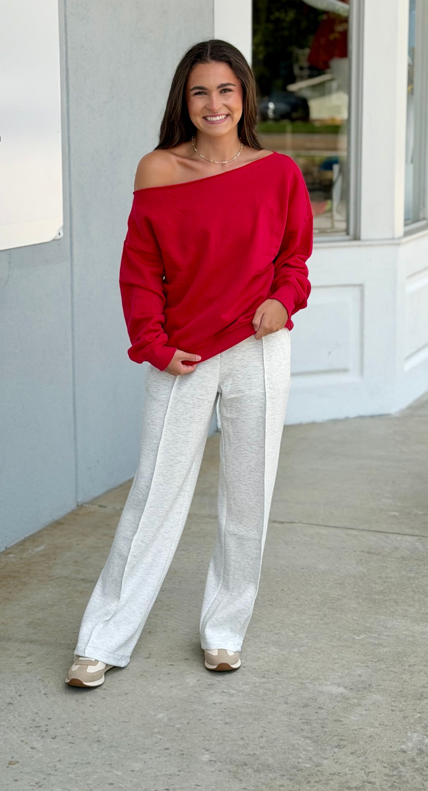 French Terry Fleece Off Shoulder Top, True Red