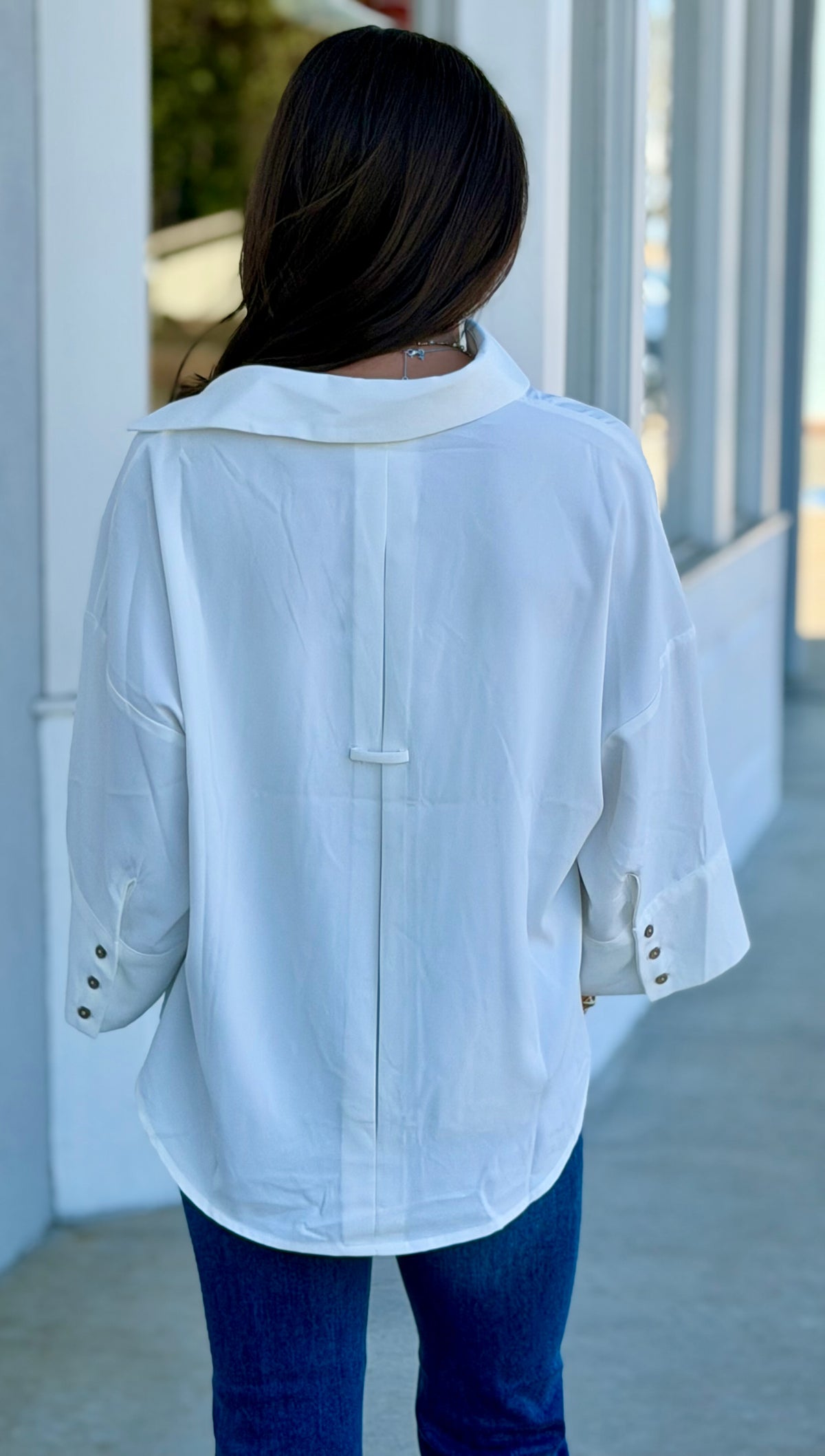 Off White Button Down Pleated Back Blouse