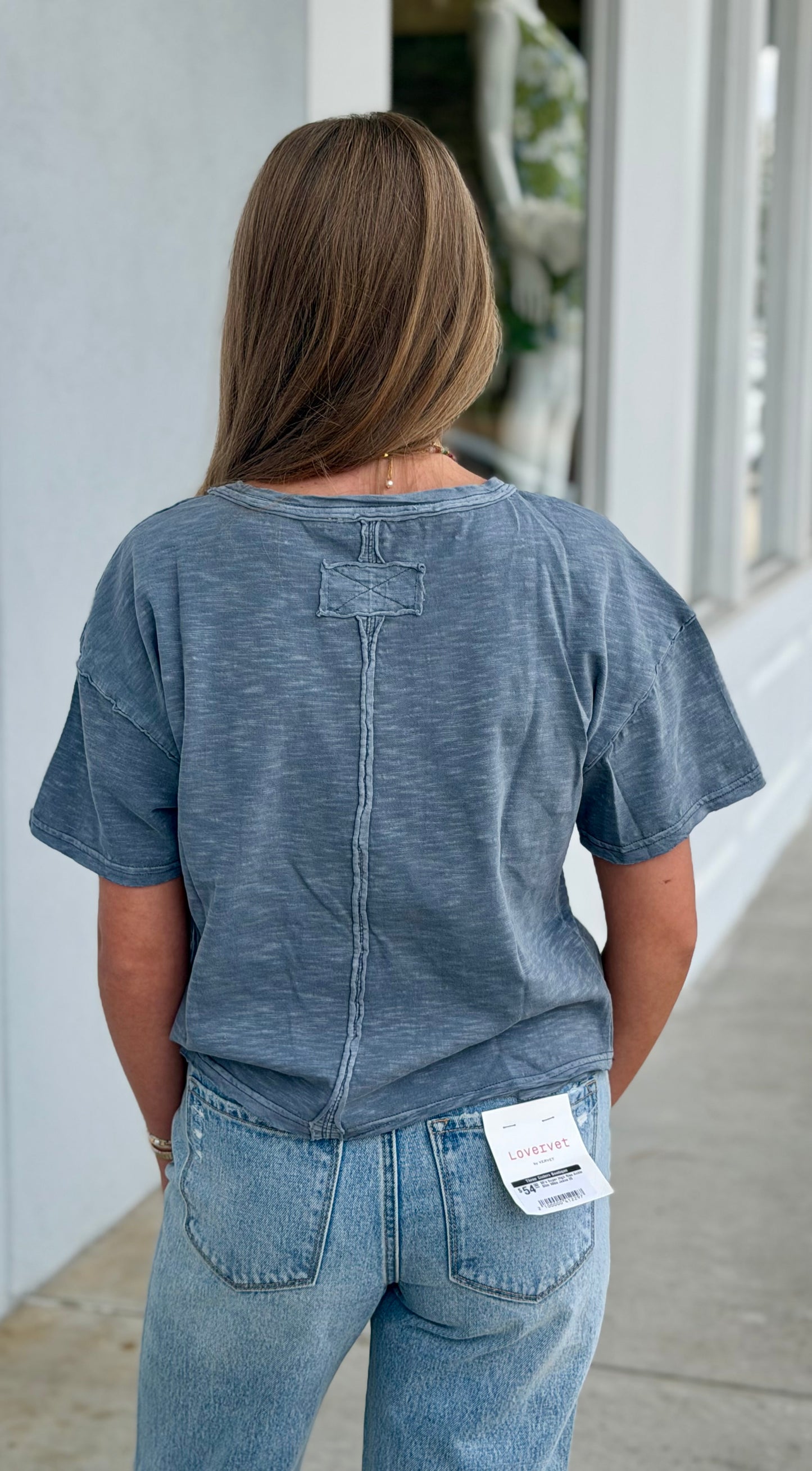 Dolman Short Sleeve Exposed Seam Knit Top , Dusty Blue