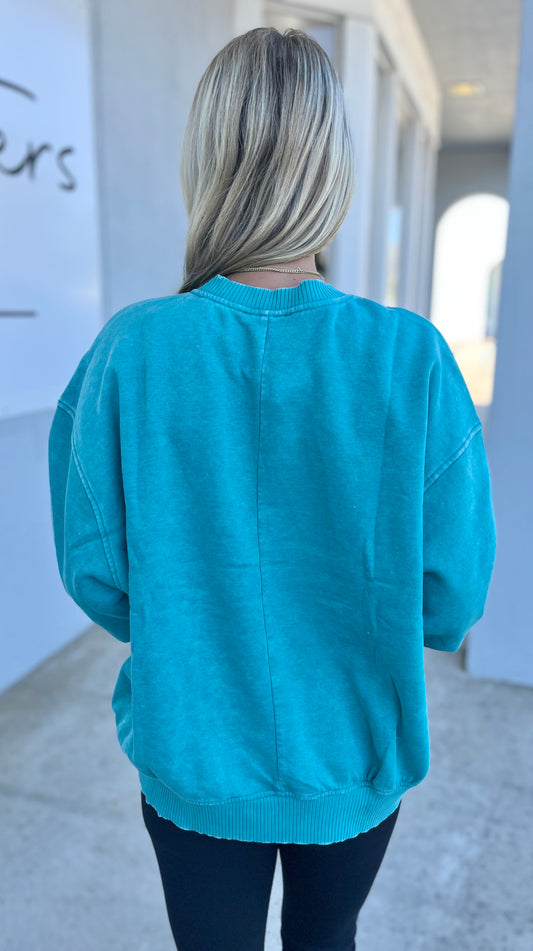 Acid Wash Fleece Pullover, Lt Teal