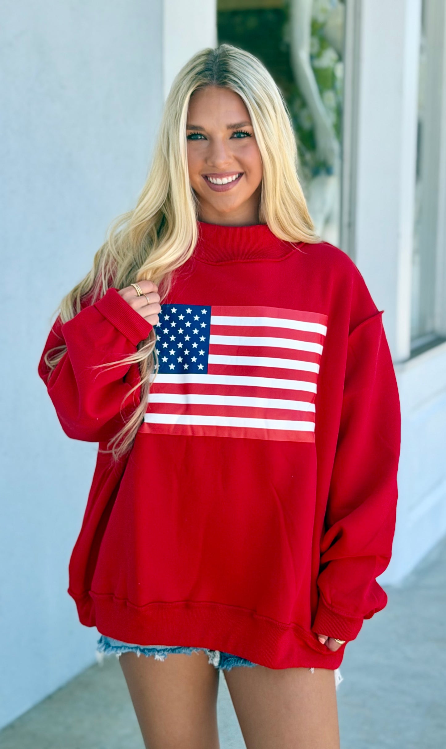 USA and Flag Reversible Mock Neck Sweatshirt Red